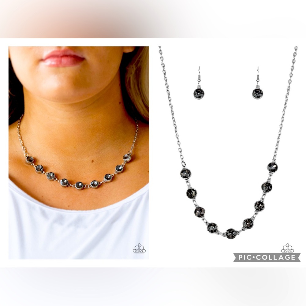 Starlit Socials Smoky Silver Rhinestone Necklace and Earring Set